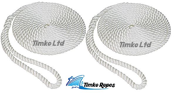 2 x 10mm White Nylon 3-Strand Boat Mooring Ropes/Warps/Lines Large Soft Eye One End